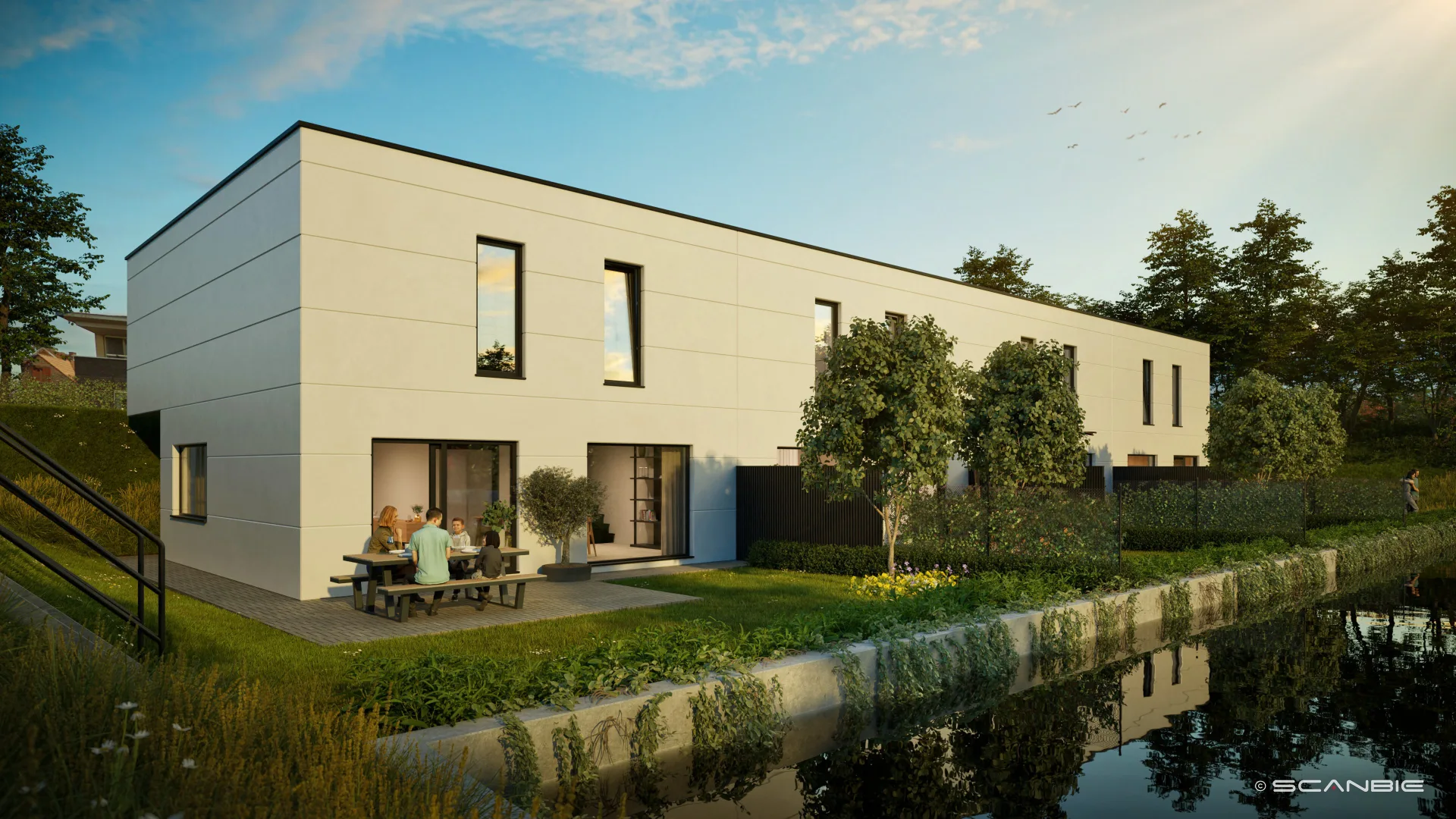 Eden Roc woningen met terras en waterreflectie bij avondlicht in Lede