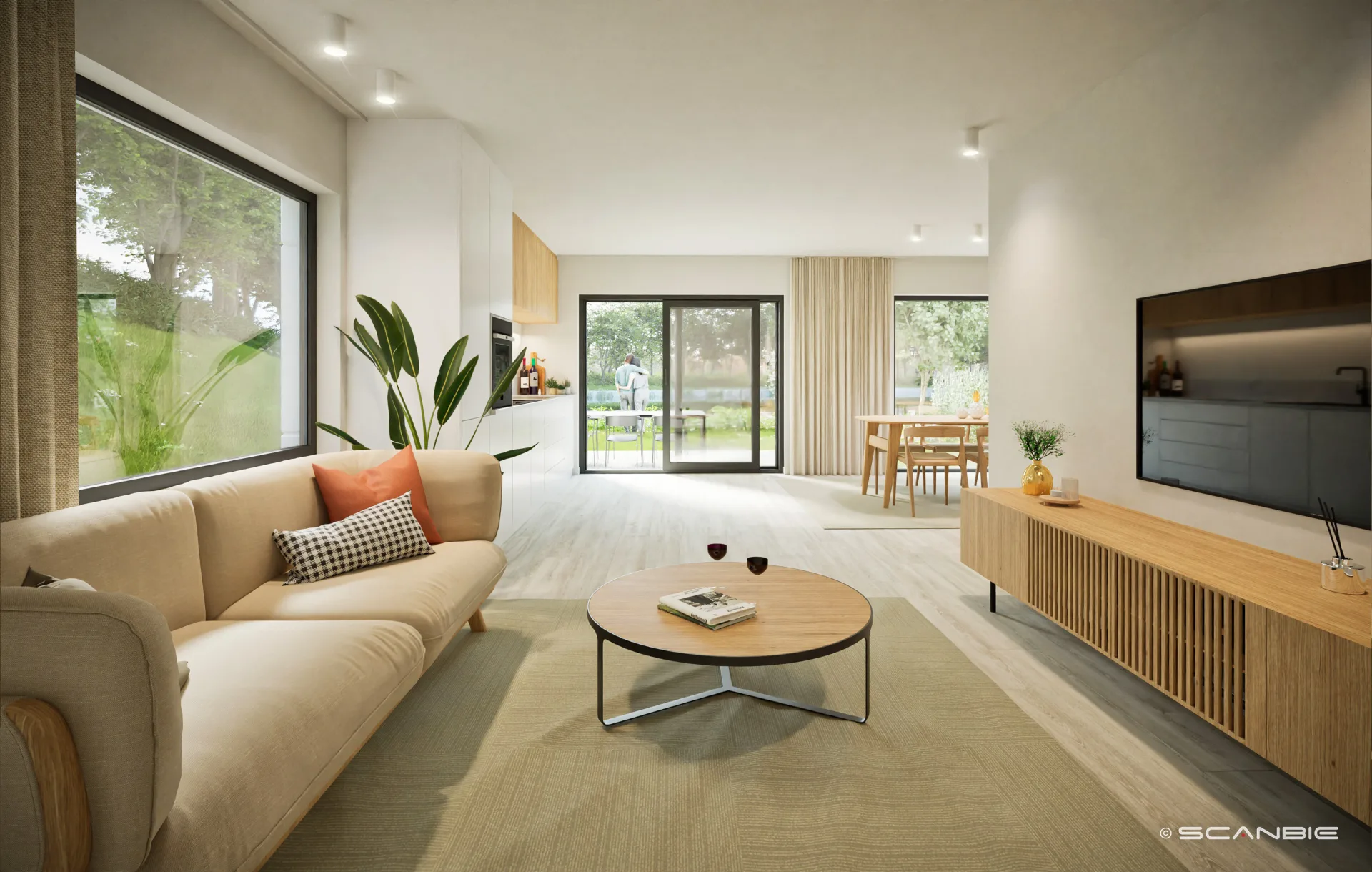 Lichte leefruimte van een Eden Roc woning met grote ramen en tuinzicht