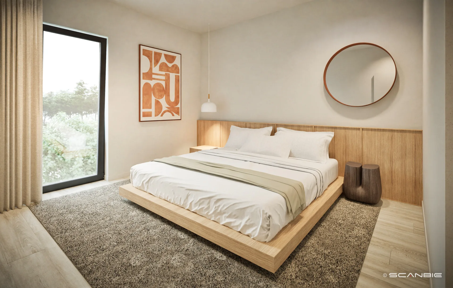 Slaapkamer van een Eden Roc woning met houten wandpaneel en groot raam